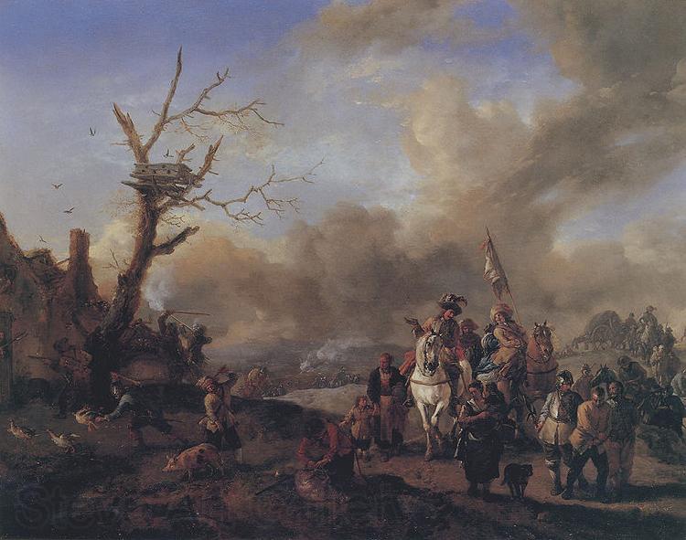 Philips Wouwerman Heranziehender Soldatentrob mit Marketenderinnen und Kindern, ein Bauerngehoft plundernd France oil painting art